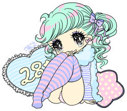 Rule 34 | 1girl, bow, deformed, earrings, eyelashes, eyeshadow, frilled pillow, frills, green hair, hair bow, heart, heart-shaped pillow, jewelry, makeup, original, panties, pillow, purple eyeshadow, purple lips, purple nails, sekiya yurie, striped clothes, striped panties, striped thighhighs, thighhighs, underwear