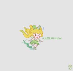 &gt;_&lt; 1010_(wuthering1100) 1girl artist_name blonde_hair chibi chibi_only commentary_request dress earrings flower_earrings flying_sweatdrops gameplay_mechanics gradient_hair green_dress green_hair green_hairband grey_background grey_shorts hairband highres jewelry multicolored_hair open_mouth shorts simple_background solo tacet_mark_(wuthering_waves) two-tone_hairband verina_(wuthering_waves) white_hairband wuthering_waves