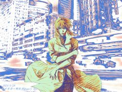 Rule 34 | 1girl, absurdres, aizheajsee, blurry, blurry background, building, city, coat, ghost in the shell, highres, looking at viewer, medium hair, road, solo, straight-on, street, trench coat