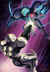 2girls arm_cannon armor artist_name battle canadiananiguy core dark_samus firing full_armor helmet highres light_suit_(metroid) metroid metroid_prime_2:_echoes multiple_girls nintendo power_armor samus_aran science_fiction see-through_body third_eye weapon