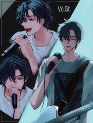 Rule 34 | 1boy, :d, bishounen, black eyes, black hair, cheng xiaoshi, closed eyes, closed mouth, english text, guitar, hair over one eye, hand up, highres, holding, holding guitar, holding instrument, holding microphone, hukusaya, instrument, looking at viewer, male focus, microphone, multiple views, music, official alternate costume, open mouth, playing guitar, playing instrument, ponytail, print shirt, shiguang dailiren, shirt, short hair, short ponytail, short sleeves, singing, smile, t-shirt, teeth, upper body, white shirt