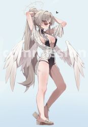 Rule 34 | 1girl, absurdres, arms behind head, black one-piece swimsuit, blonde hair, blue archive, blush, breasts, cleavage, cleavage cutout, closed mouth, clothing cutout, feathered wings, hands in own hair, highleg, highleg one-piece swimsuit, highres, large breasts, long hair, looking at viewer, nagisa (blue archive), nagisa (swimsuit) (blue archive), official alternate costume, official alternate hairstyle, one-piece swimsuit, ponytail, sandals, shirt, single bare shoulder, smile, solo, sunglasses, swimsuit, um 111, white shirt, white wings, wings, yellow eyes