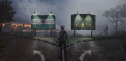 1other arrow_(symbol) artist_logo artist_name bag car city city_lights cityscape commentary crossover english_commentary english_text evgenij_kungur fire fog from_behind full_body grass great_knife grey_hoodie helmet highres holding holding_weapon hood hood_up hoodie horror_(theme) light_particles logo motor_vehicle object_head outdoors pants pyramid_head raised_curb resident_evil road road_sign shoulder_bag sign silent_hill_(series) standing tree umbrella_corporation_(logo) watermark weapon wreckage zombie
