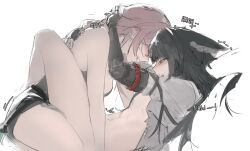 2girls animal_ear_fluff animal_ears blunt_bangs blush bottomless brenn_(idwytl) cowboy_shot fox_ears fox_girl from_behind gauntlets glasses hair_between_eyes highres hoshimi_miyabi long_hair multiple_girls open_mouth pink_eyes pink_hair red_eyes sidelocks simple_background tsukishiro_yanagi white_background yuri zenless_zone_zero