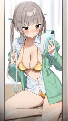 1girl absurdres aumann bare_legs bikini blue_nails blush breasts brown_hair cellphone cleavage collared_shirt dot_nose gold_bikini green_eyes green_hoodie hair_ornament hairpin hands_up highres holding holding_phone hood hoodie indoors large_breasts long_hair long_sleeves mirror nail_polish navel open_clothes open_hoodie original partially_unbuttoned phone selfie shirt sitting smartphone solo straight_hair swimsuit tape_measure twintails white_shirt
