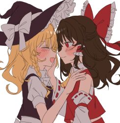 2girls amatukimahoro black_hat black_vest blonde_hair blush bow brown_hair closed_eyes detached_sleeves hair_bow hakurei_reimu hand_on_another&#039;s_face hand_on_another&#039;s_shoulder hat highres kirisame_marisa long_hair multiple_girls open_mouth red_bow red_eyes red_shirt shirt short_sleeves simple_background smile touhou upper_body vest white_background white_shirt witch_hat yuri