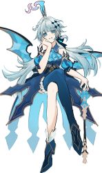 1girl absurdres aqua_eyes aqua_hair asymmetrical_legwear bare_shoulders blunt_bangs boots bow cerydra_(honkai:_star_rail) collared_dress commentary_request crossed_legs detached_sleeves dress hair_bow hair_ornament hat head_rest head_tilt highres holding holding_staff honkai:_star_rail honkai_(series) long_hair looking_at_viewer low_ponytail ponytail puffy_short_sleeves puffy_sleeves short_sleeves simple_background sitting smile solo staff teeth thighhighs uneven_legwear white_background wings wira