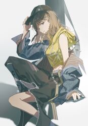 1girl bang_dream! bang_dream!_it&#039;s_mygo!!!!! baseball_cap black_hat black_skirt blue_eyes blue_jacket braid brown_hair chinese_commentary commentary_request dkl_(dinosaurkl2) guitar_case hat highres hood hood_down hoodie instrument_case jacket looking_at_viewer midriff nagasaki_soyo open_clothes open_jacket open_mouth side_braids single_off_shoulder skirt sleeveless sleeveless_hoodie solo yellow_hoodie