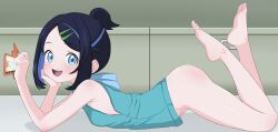 1girl :d alpaca_no_otouto aqua_shirt ass barefoot blue_eyes blue_hair bottomless breasts feet female_focus full_body gen_4_pokemon hair_ornament hairclip highres indoors liko_(pokemon) loli looking_at_viewer lying medium_hair multicolored_hair nintendo on_floor on_stomach open_mouth pokemon pokemon_(anime) pokemon_horizons rotom rotom_phone shirt sidelocks small_breasts smile solo teeth the_pose topknot two-tone_hair upper_teeth_only