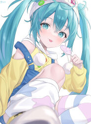 Rule 34 | absurdres, asymmetrical legwear, badge, blue eyes, blue hair, candy, denim overalls, food, hat, hatsune miku, highres, knees, lollipop, long hair, looking at viewer, shoes, simple background, smile, thighhighs, tokumei hiyoko, tongue, tongue out, twintails, very long hair, vocaloid, white background, white hat