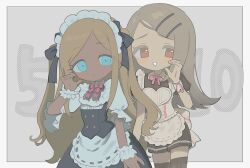 2girls alternate_costume alternate_hairstyle apron black_skirt blonde_hair blue_eyes blush border brown_eyes brown_hair brown_shirt brown_shorts brown_thighhighs cowboy_shot dark-skinned_female dark_skin enmaided frilled_shirt frills gakuen_idolmaster grey_background heart heart_apron heart_hands heart_hands_duo highres idolmaster idolmaster_cinderella_girls in-franchise_crossover layla_(idolmaster) long_hair looking_at_viewer maid maid_headdress mmlntn multiple_girls open_mouth outside_border parted_lips puffy_short_sleeves puffy_sleeves scrunchie shinosawa_hiro shirt short_sleeves shorts skirt smile swept_bangs thighhighs two_side_up white_apron white_border white_shirt wide_heart_hands wrist_scrunchie