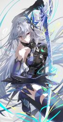 Rule 34 | 1girl, absurdres, bare shoulders, breasts, buri (retty9349), cleavage, closed mouth, expressionless, floating hair, genshin impact, grey background, grey hair, high heels, highres, holding, holding sword, holding weapon, long hair, looking at viewer, red eyes, simple background, skirk (genshin impact), solo, sword, very long hair, weapon