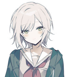 Rule 34 | 1girl, closed mouth, drawstring, green eyes, grey hair, highres, hinomori shiho, hood, hooded jacket, jacket, looking at viewer, miyamasuzaka girls&#039; academy school uniform, neckerchief, project sekai, qi7pi, red neckerchief, sailor collar, school uniform, short hair, simple background, smile, solo, upper body, white background