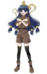 1girl absurdres belt black_thighhighs blue_eyes blue_hair brown_shirt brown_shorts collared_shirt earrings egypt facial_mark fossilized_wonders gold gold_buckle gold_hairband gold_headdress gold_headwear hairband highres holding holding_scepter jewelry key_earrings long_hair looking_at_viewer michigami_nareko scepter shirt short_sleeves shorts smile solo sphere_hair_ornament thighhighs touhou triangle triangle_facial_mark usekh_collar white_background yabuhebi1067