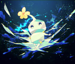 black_background black_eyes blue_skin colored_skin commentary_request flower frost glowing ice ice_pikmin looking_at_viewer nintendo no_humans no_mouth pikmin_(series) pikmin_4 shirushiki solo triangle yellow_flower