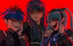1boy 2girls amemiya_darumi armband black_hair blue_hair bow cracked_skin earrings eye_print eyeliner eyepatch face_piercing fingernails gakuran glasses gloves grin hair_bow hair_ornament hand_on_own_face hands_up highres hole_in_chest hole_on_body jewelry labret_piercing last_defense_academy_school_uniform long_hair looking_at_viewer makeup multicolored_hair multiple_girls omokage_yugamu open_mouth piercing print_eyepatch red_background red_eyeliner red_eyes school_uniform serafuku sharp_fingernails shizuhara_hiruko short_hair simple_background smile the_hundred_line_-last_defense_academy- tongue tongue_out twintails twitter_username white_gloves zhu_gong