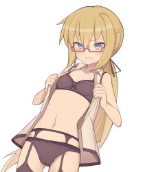 1girl absurdres black_bra black_panties blonde_hair blue_eyes bow bra braid breasts clenched_teeth frilled_panties frills garter_belt garter_straps glasses hair_ribbon highres konnyakugozen long_hair navel open_clothes open_shirt original panties panties_over_garter_belt red-framed_eyewear ribbon sidelocks small_breasts solo teeth underwear very_long_hair white_background