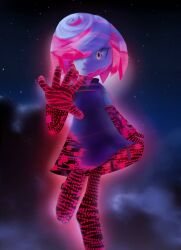 1girl aura chaosc0ntr0l closed_mouth cloud colored_skin commentary dress english_commentary expressionless flat_chest floating full_body glitch gloves glowing hair_over_one_eye hand_up leg_up looking_at_viewer multicolored_eyes multicolored_hair multicolored_skin night night_sky one_eye_covered outdoors red_hair sage_(sonic) short_hair sky solo sonic_(series) sonic_frontiers star_(sky) starry_sky transparent two-tone_hair white_hair wide_sleeves