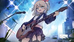 +_+ 1girl black_skirt blue_eyes choker cymbals electric_guitar garter_straps gibson_les_paul guitar highres holding holding_instrument instrument jewelry light_particles microphone microphone_stand midriff_peek music mwm5 necklace one_side_up open_mouth playing_guitar playing_instrument raglan_sleeves red_ribbon ribbon shirt single_garter_strap skirt solo speaker stage stage_lights stella_(world_flipper) white_shirt world_flipper