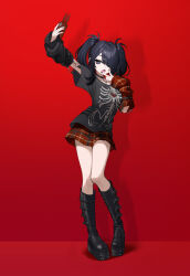 1girl ame-chan_(emo)_(needy_girl_overdose) ame-chan_(needy_girl_overdose) arm_up arm_warmers belt_boots black_arm_warmers black_boots black_choker black_eyes black_hair black_shirt boots cellphone choker commentary_request emo_fashion full_body hair_ornament hair_over_one_eye hand_up highres holding holding_phone knee_boots long_hair long_sleeves looking_at_viewer miniskirt mismatched_arm_warmers nail_polish needy_girl_overdose official_alternate_costume official_art open_mouth outstretched_arm phone plaid_clothes plaid_skirt pleated_skirt print_shirt red_arm_warmers red_background red_skirt selfie shirt simple_background skeleton_print skirt smartphone solo standing t-shirt taking_picture twintails v v_over_mouth x_hair_ornament yuu_(higashi_no_penguin)