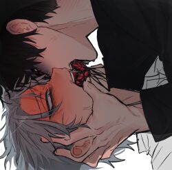 2boys alien_stage black_blood black_eyes black_hair black_shirt blood commentary green_eyes grey_hair hand_on_another&#039;s_face hashtag-only_commentary highres ivan_(alien_stage) male_focus multiple_boys red_pupils shirt short_hair till_(alien_stage) veins wannwari yaoi