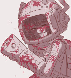 1girl absurdres arm_cannon blood blood_on_clothes blood_on_helmet bloody_weapon blue_eyes brown_background brown_theme diving_helmet half-closed_eyes hands_up helmet highres jetpack jumpsuit looking_at_viewer masei_shibou monochrome official_alternate_costume open_mouth reverse:1999 solo spathodea_(onwards_to_victory)_(reverse:1999) spathodea_(reverse:1999) spot_color upper_body weapon