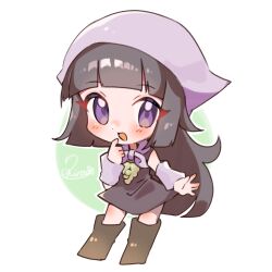 1girl :d black_dress black_hair blunt_bangs blush boots brown_boots chibi commentary_request detached_sleeves dress finger_to_mouth finger_to_own_chin full_body green_background hand_up headscarf highres jojo_no_kimyou_na_bouken knee_boots long_hair looking_at_viewer neckerchief open_mouth outline purple_eyes purple_headscarf purple_neckerchief purple_sleeves rairack777 short_dress sidelocks signature sleeveless sleeveless_dress smile solo standing steel_ball_run sugar_mountain two-tone_background very_long_hair white_background white_outline