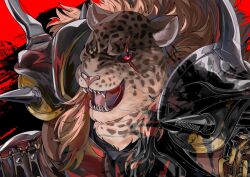 1boy animal_head armor armor_king brown_fur chain commentary english_commentary fangs green_eyes heterochromia highres male_focus open_mouth pauldrons red_background red_eyes scar scar_across_eye scar_on_face shiro_boom shoulder_armor slit_pupils solo spiked_pauldrons spikes teeth tekken tekken_8 tongue twitter_username upper_body