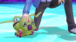 1boy 3d angry animated animated_gif digimon digimon_story:_cyber_sleuth_hacker&#039;s_memory picking_up subtitled tears throwing wormmon