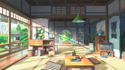 absurdres architecture bare_tree blue_flower book book_stack bookshelf bush calendar_(object) chinese_commentary cloud commentary_request cup cushion east_asian_architecture flower food globe highres house lamp mirror no_humans original phonograph plant pond scenery shade shelf sky stone sunlight sushi table teacup teapot television tree vase xingzhi_lv