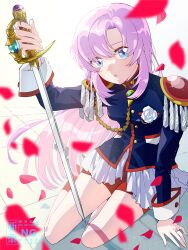 1girl absurdres aguri_(aguri0406-aoi) aiguillette black_jacket blue_eyes commentary_request epaulettes falling_petals flower highres holding holding_sword holding_weapon jacket long_hair long_sleeves looking_at_viewer parted_lips partial_commentary petals pink_hair red_petals red_shorts rose shorts shoujo_kakumei_utena sitting solo sword sword_of_dios tenjou_utena watermark weapon white_flower white_rose