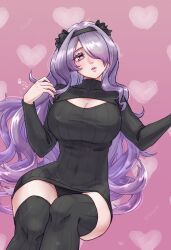 1girl alternate_costume black_panties black_sweater black_thighhighs breasts camilla_(fire_emblem) cleavage cleavage_cutout clothing_cutout commentary_request commission covered_navel fire_emblem fire_emblem_fates head_tilt heart highres invisible_chair large_breasts long_hair long_sleeves looking_at_viewer nintendo panties parted_lips pink_background purple_eyes purple_hair ribbed_sweater simple_background sitting skeb_commission solo sweater thighhighs tsulala44_(oi_thanks) turtleneck turtleneck_sweater underwear wavy_hair