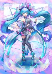 1girl :d absurdres aqua_eyes aqua_hair aqua_nails black_boots black_skirt boots bow commentary_request dot_nose full_body gradient_hair hair_between_eyes hair_bow hatsune_miku highres jacket kozou_kazaru long_hair looking_at_viewer multicolored_hair open_clothes open_jacket open_mouth pink_bow purple_hair see-through_clothes see-through_jacket skirt smile solo star_(symbol) thigh_boots tongue twintails very_long_hair vocaloid watermark