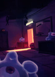 :d :o absurdres artist_name blurry blurry_foreground blush blush_stickers cable closed_mouth commentary_request crate doorway fangs ghost highres indoors kirby kirby_(series) light_particles locker looking_at_another needlous nintendo no_humans one-eyed open_mouth plant red_eyes smile solid_oval_eyes spikes spookstep suyasuyabi tile_floor tiles twitter_username v-shaped_eyebrows vines whiteboard