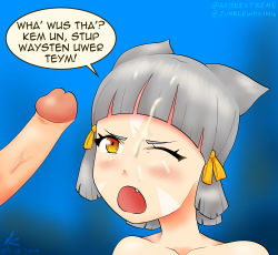 animal_ears cat_ears cum cum_on_body cum_on_hair facial fang grey_hair highres junk_food_king nia_(xenoblade) parody penis talking welsh xenoblade yellow_eyes