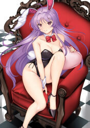 1girl animal_ears bare_legs black_footwear black_leotard bow bowtie breasts cleavage commentary_request couch detached_collar hataraki_kuma large_breasts leotard light_purple_hair long_hair looking_at_viewer playboy_bunny rabbit_ears rabbit_tail red_bow red_bowtie red_eyes reisen_udongein_inaba smile solo strapless strapless_leotard tail touhou very_long_hair wrist_cuffs