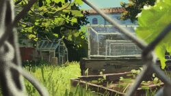 atmospheric_perspective blurry blurry_foreground cardboard fence fruiitlins grass greenhouse iron_fence leaf mesh no_humans original outdoors planter roof_shingles scenery sprout sunlight tree
