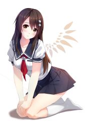 1girl blush brown_eyes brown_hair caidychen collarbone enterbrain female_focus full_body hair_ornament hairclip highres kneehighs kneeling long_hair niimi_haruka_(photokano) own_hands_together photokano school_uniform simple_background smile socks solo white_background white_socks