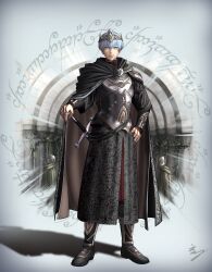 1boy absurdres armor black_boots black_cape blue_hair boots cape closed_mouth echo!_(tilapiawest) full_body green_eyes grey_background highres himmel_(sousou_no_frieren) simple_background smile solo sousou_no_frieren standing sword the_lord_of_the_rings tolkien&#039;s_legendarium weapon