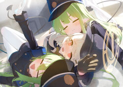 3girls :o =_= @_@ ^_^ absurdres aoba_(blue_archive) arm_up armband blonde_hair blue_archive blue_armband blue_hat blue_jacket blue_shorts blush closed_eyes commentary demon_tail earrings fang feet_up girl_sandwich gloves green_hair halo hat highres hikari_(blue_archive) indoors jacket jewelry long_hair looking_at_viewer lying multiple_girls newsboy_cap nozomi_(blue_archive) on_back on_stomach pantyhose pantyhose_under_shorts peaked_cap pointy_ears sandwiched shorts siblings sisters skin_fang smile sweatdrop tail twins very_long_hair white_gloves white_pantyhose yamada_auto