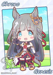 1girl animal_ears blue_eyes blunt_bangs blush character_name chibi chrono_genesis_(umamusume) deformed detached_sleeves full_body grass grey_hair hair_ornament horse_ears horse_girl horse_tail looking_at_viewer signature solo tail twitter_username umamusume yoshiharu_izumi