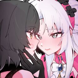 2girls aqua_eyes black_gloves black_hair blush carlotta_(wuthering_waves) closed_mouth commentary_request dated eye_contact female_rover_(wuthering_waves) gloves hairband hand_on_another&#039;s_face highres lipstick_mark lipstick_mark_on_face looking_at_another multiple_girls parted_lips pink_hairband portrait rover_(wuthering_waves) signature starblame white_hair wuthering_waves yellow_eyes yuri