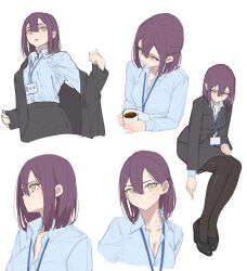 1girl black_jacket black_pantyhose black_shoes black_skirt blue_shirt c-eye coffee_mug cup formal_clothes hair_between_eyes high_heels highres holding holding_cup id_card jacket long_sleeves looking_at_viewer medium_hair mole mole_under_eye mug multiple_views office_lady original pantyhose pumps purple_hair shirt shoes simple_background skirt skirt_suit suit white_background white_shirt yellow_eyes