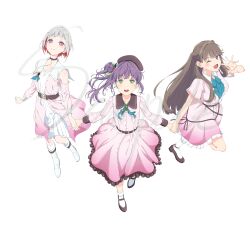3girls :d ;d absurdres aqua_ascot aqua_ribbon artist_collaboration assassin_(pencilblood76) bare_shoulders beret boots brown_hair brown_hat brown_shoes closed_mouth clothing_cutout collarbone collared_dress colored_inner_hair commentary_request contrast_collar dress flower flower_stand_art frilled_dress frills fujimiz fujishima_megumi full_body green_eyes grey_hair hair_bun hair_flower hair_intakes hair_ornament hat highres knee_boots kneehighs link!_like!_love_live! long_hair long_sleeves looking_at_viewer love_live! mary_janes medium_dress multicolored_hair multiple_girls neck_ribbon one_eye_closed open_mouth otomune_kozue pink_dress pink_eyes pinstripe_ascot purple_eyes purple_hair red_flower red_hair ribbon rounded_collar sample_watermark shoes short_hair short_sleeves shoulder_cutout side_ponytail sidelocks simple_background single_side_bun smile socks star_(symbol) star_hair_ornament streaked_hair tassel tassel_hair_ornament teeth toono2145 two_side_up upper_teeth_only virtual_graduation_commemoration virtual_youtuber watermark white_background white_boots white_socks yugiri_tsuzuri