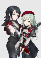 Rule 34 | 2girls, 463 jun, aqua eyes, ascot, bang dream!, bang dream! it&#039;s mygo!!!!!, beret, black capelet, black gloves, black hair, black pants, black skirt, black thighhighs, capelet, closed mouth, dual wielding, earrings, finger on trigger, gloves, green brooch, green hair, grey background, gun, handgun, hat, highres, holding, jewelry, long hair, long sleeves, looking at viewer, medium hair, mortis (bang dream!), mortis (costume) (bang dream!), multiple girls, open mouth, pants, red hat, red shorts, see-through clothes, see-through sleeves, shirt, shorts, shorts under skirt, showgirl skirt, sidelocks, simple background, skirt, thighhighs, timoris (bang dream!), wakaba mutsumi, weapon, weapon request, white ascot, white shirt, yahata umiri, yellow eyes