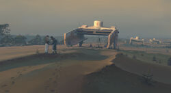Rule 34 | 1boy, 1other, absurdres, adidas, aircraft, black hair, boots, building, cable, cloud, cloudy sky, denim, footprints, highres, jeans, pants, plant, rust, sand, science fiction, shoes, simon stalenhag, sky, sneakers, swedish machines, tree