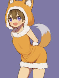 1girl animal_costume animal_hood bad_id bad_pixiv_id brown_hair dress dwarf female_focus fox_costume fox_hood fox_tail great_kichi hood looking_at_viewer open_mouth pointy_ears pop-up_story purple_eyes simple_background smile solo tail ymir_paaya