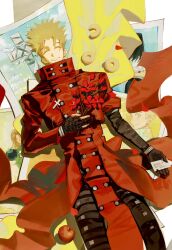 1boy blonde_hair coat cross_punisher donut earrings fingerless_gloves flower food gannnmoo gloves highres jewelry large_cross lying mole mole_under_eye prosthesis prosthetic_arm red_coat red_flower single_earring spiked_hair trigun vash_the_stampede