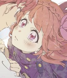 1boy 1girl absurdres aikatsu! aikatsu!_(series) blue_eyes blue_jacket blush bow braid close-up eye_contact from_above hair_bow hand_on_another&#039;s_chest highres jacket long_hair looking_at_another open_mouth orange_hair ozora_akari pink_bow red_eyes red_hair saitou_atsushi_(kamatamanankotu) sena_tsubasa short_hair sideways_mouth smile white_background