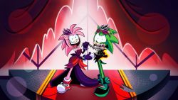 1boy 1girl animal_ears black_gloves blue_eyes bracelet collar colored_skin crown dress gloves green_eyes green_hair green_skin hedgehog_boy hedgehog_girl highres jacket jewelry long_dress looking_at_viewer marriage miitoons neck_chain pink_hair pink_skin rosy_the_rascal scar scourge_the_hedgehog sharp_teeth smile sonic_(series) sonic_the_hedgehog_(archie_comics) sonic_villains spiked_bracelet spiked_collar spikes sunglasses sunglasses_on_head teeth tongue wedding_dress white_gloves